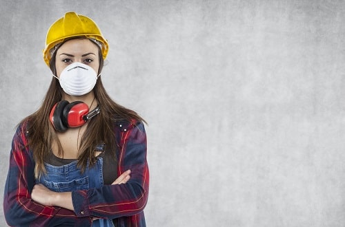 Woman in Mask Wearing Hard Hat iStock maselkoo99